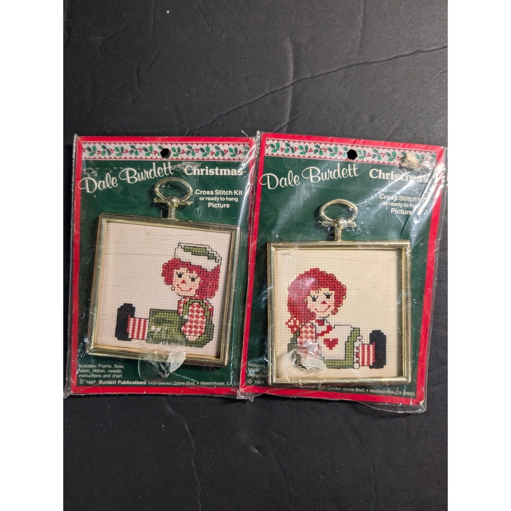 Dale Burdett Christmas Cross Stitch Kit Lot 2 Rag Doll Boy Girl Vintage 1987 CCM